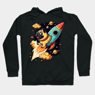 pug flying into space with a rocket Hoodie